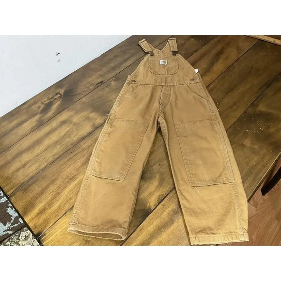 Kids Carhartt Overalls Canvas Bib Double Knee Pants Brown Youth 4 - Picture 1 of 12